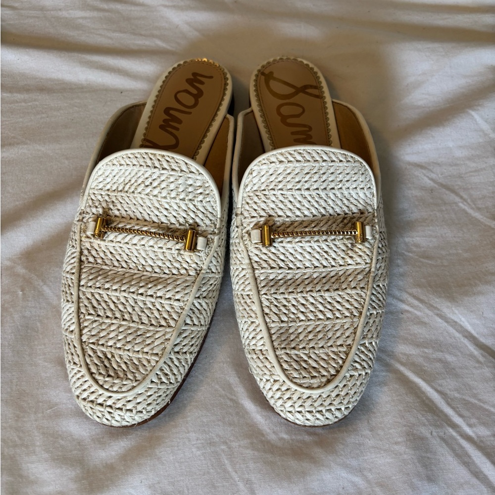 Sam Edelman Cream Woven Leather Slip-On Loafers with Gold Accent